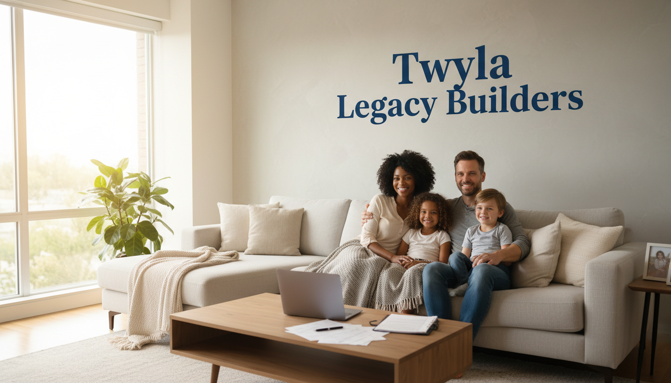 Diverse family in a living room representing security and trust, with Twyla Legacy Builders name displayed.