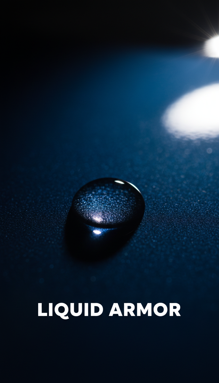 Ceramic coatings provide a hydrophobic barrier that repels liquids and blocks harmful UV rays. Extreme close up of a water droplet beading on a protected surface, demonstrating hydrophobic properties.