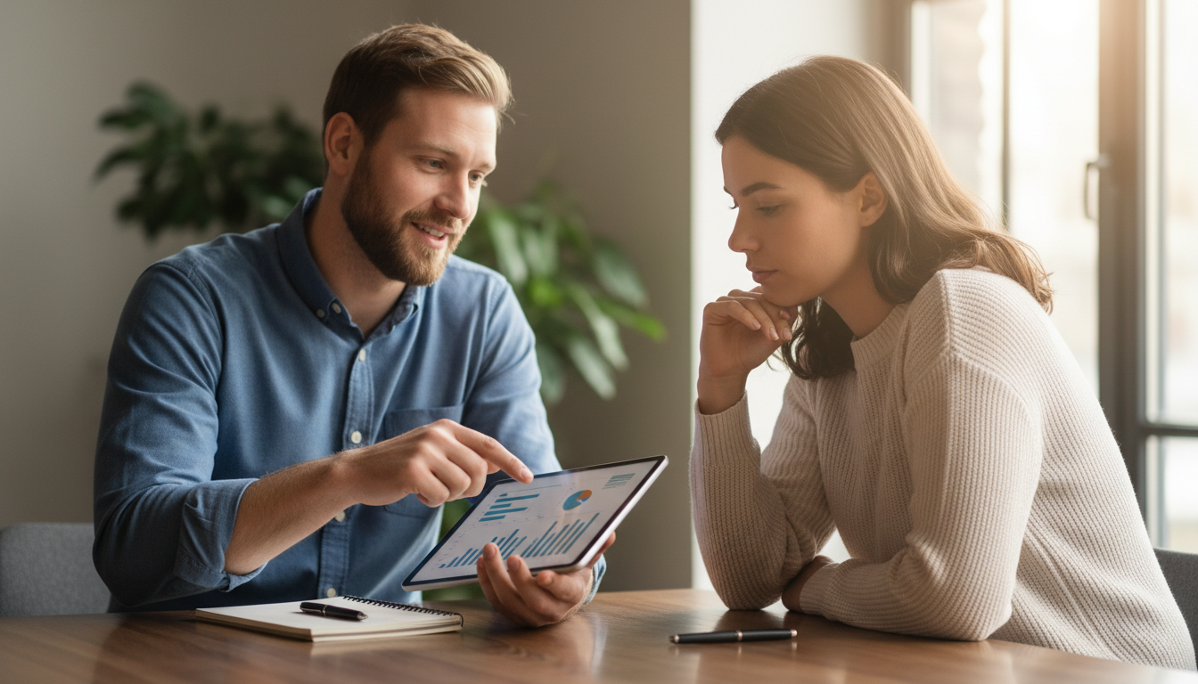 Defining success early requires transparent, face to face collaboration with key stakeholders. Two professional business people sitting at a table discussing a digital tablet together in a collaborative office setting.