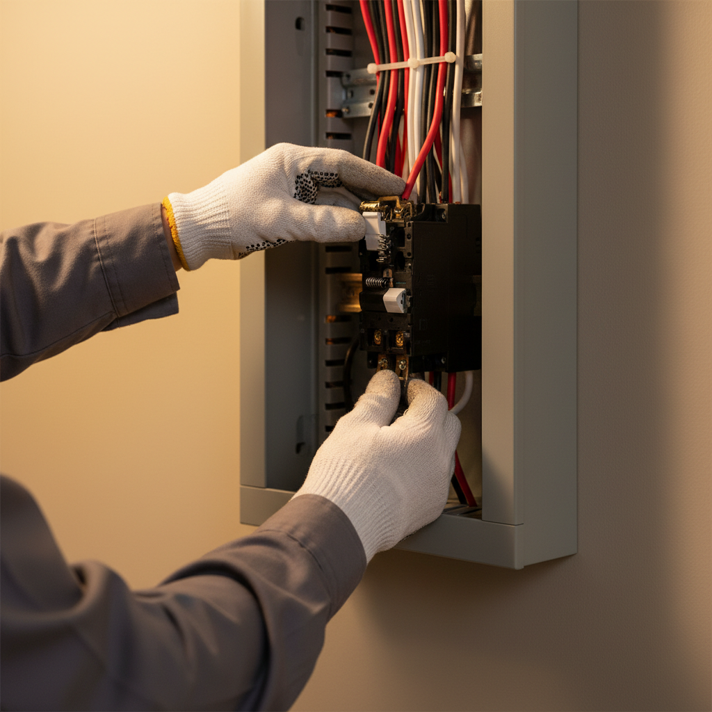 A professional installation ensures your backup system integrates seamlessly with your main electrical panel. Electrician's hands installing a circuit breaker for a whole home backup system in a residential electrical panel.