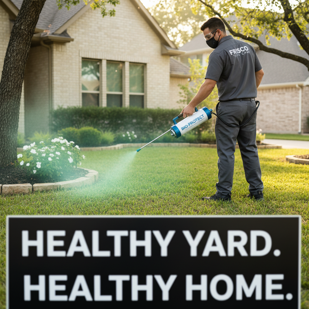 Sanitizing treatments help eliminate the bacteria that rain can wash into our waterways. A service professional applying a professional sanitizing treatment to a backyard lawn area.