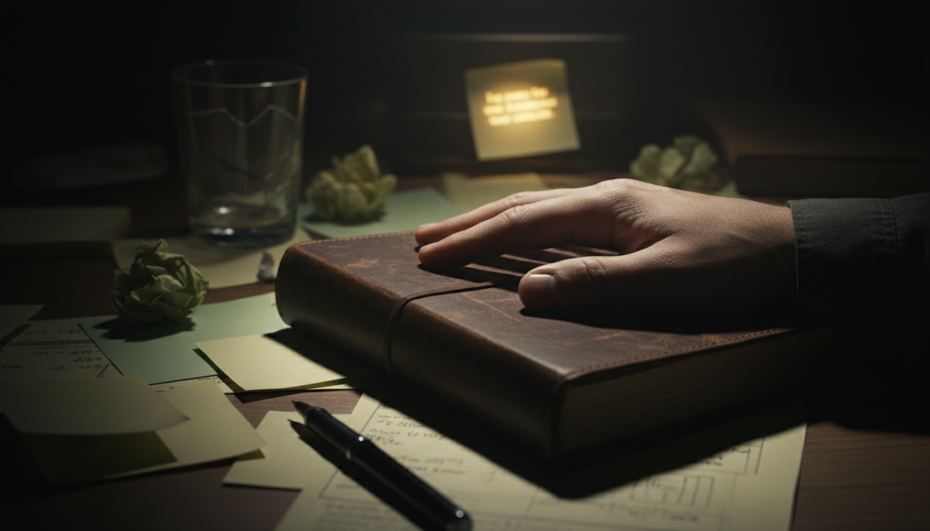 Strategic delegation requires moving from micro management to clear decision rights. A close up of a hand on a leather binder with scattered notes and a half full water glass.