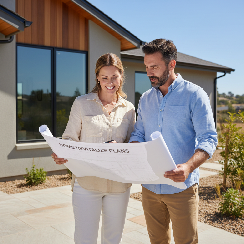 Consulting with a professional helps clarify insurance requirements and the scope of work needed. A homeowner and a contractor standing outside reviewing project plans and roof specifications together.