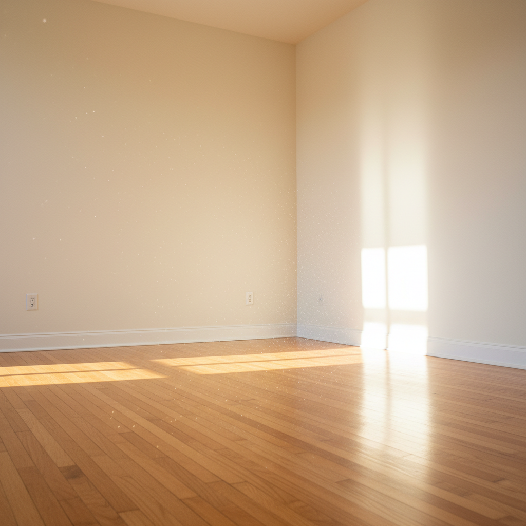 Pristine floors and baseboards are the hallmarks of a successful move out clean. A wide shot of an empty living room with gleaming hardwood floors and spotless baseboards in bright sunlight.