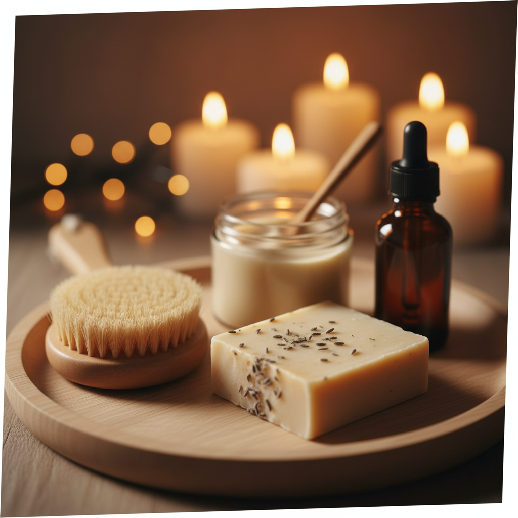 Small luxuries like artisan soaps make for affordable yet deeply thoughtful presents. Close-up of personal care items like a bar of soap and a natural fiber brush on a wooden tray.