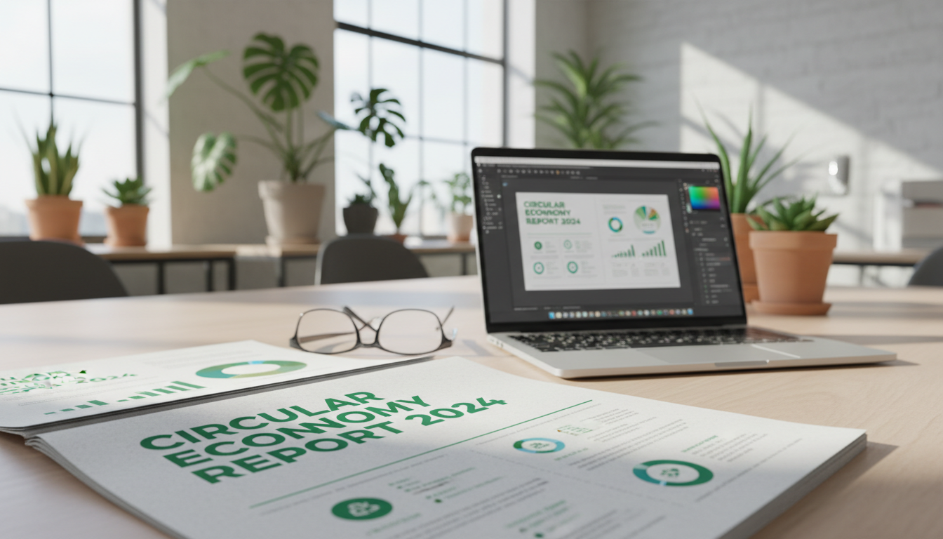 A single-expert workflow delivers publication-ready files that require no additional internal layout work. A sustainability report mockup on a table next to a laptop showing an Adobe InDesign interface in a bright office environment.