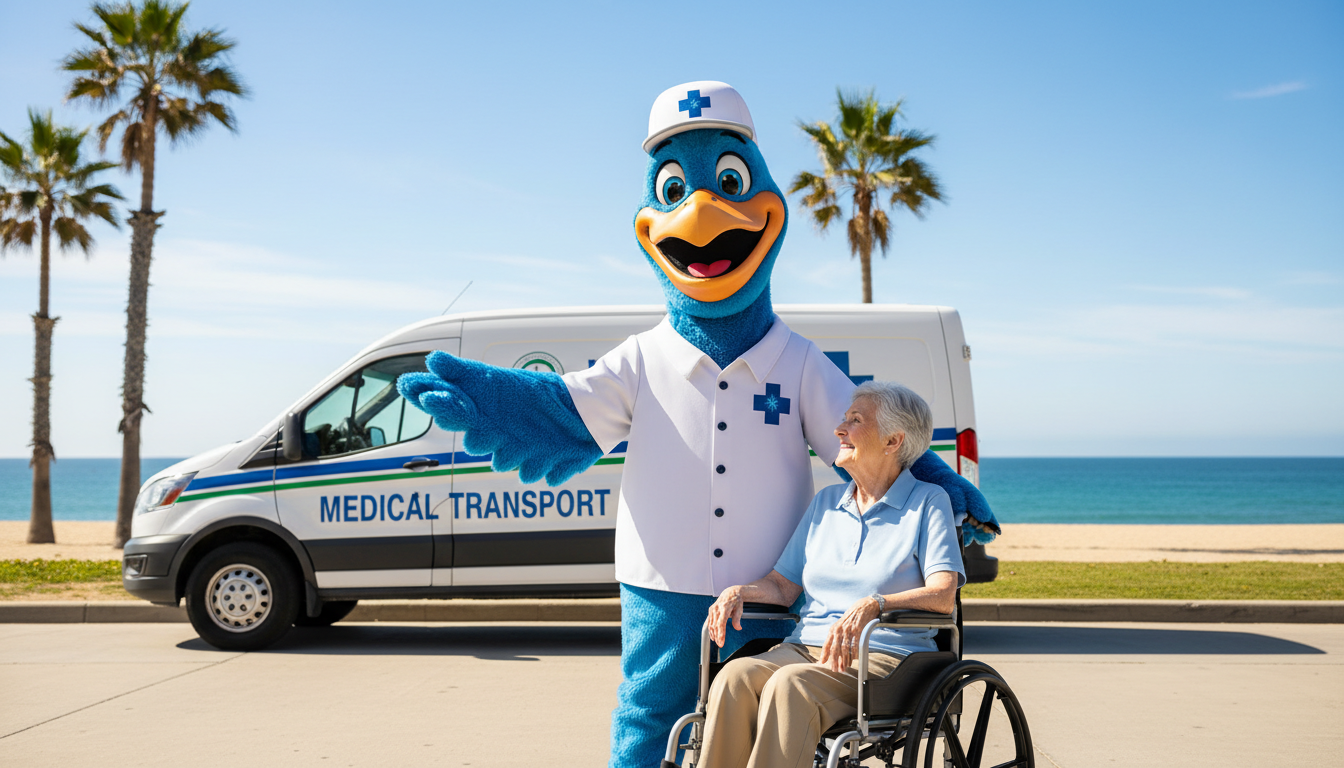 Local Newport Beach resources help seniors stay connected to their community. Friendly RideRx mascot greeting a senior patient in a sunny Newport Beach coastal setting.