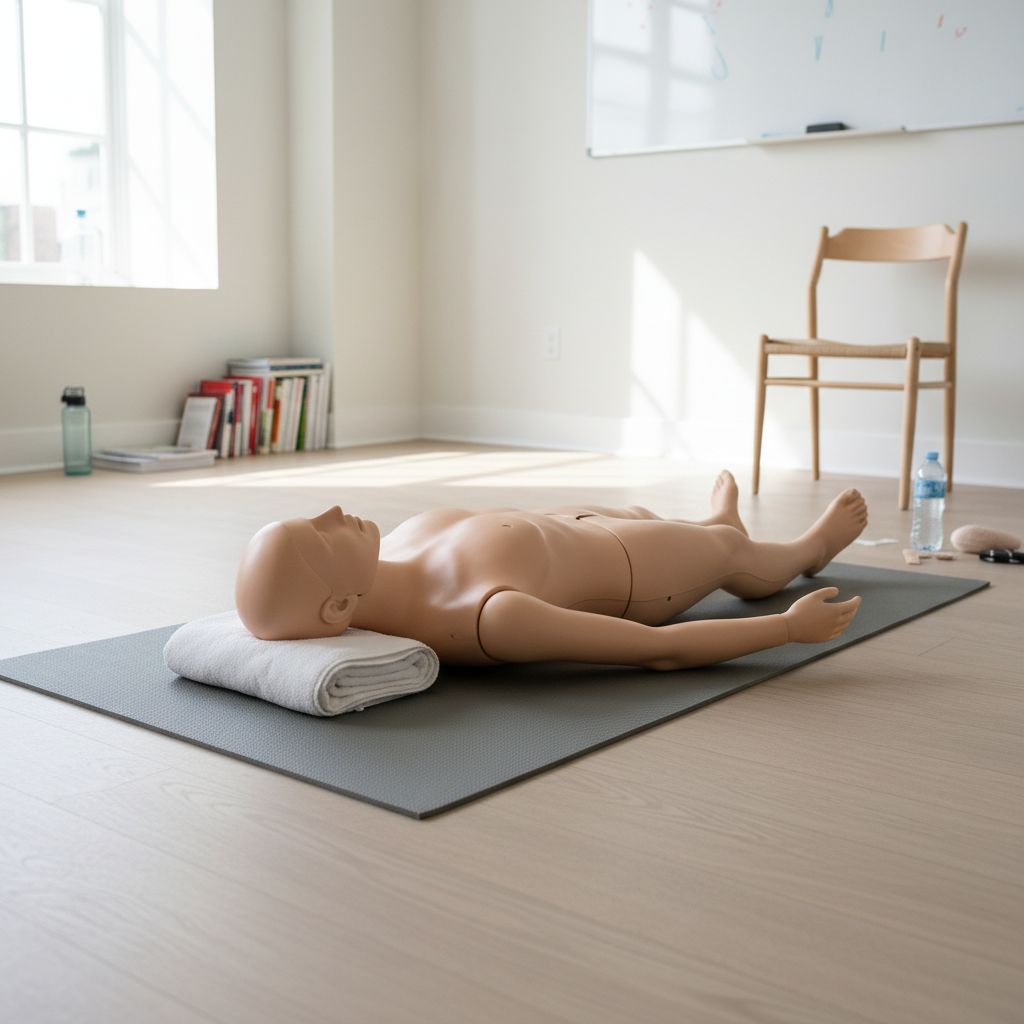 Hands on practice helps ensure you can move a person into the recovery position safely. A training mannequin positioned on a mat in a classroom for practicing rescue positions and breathing.