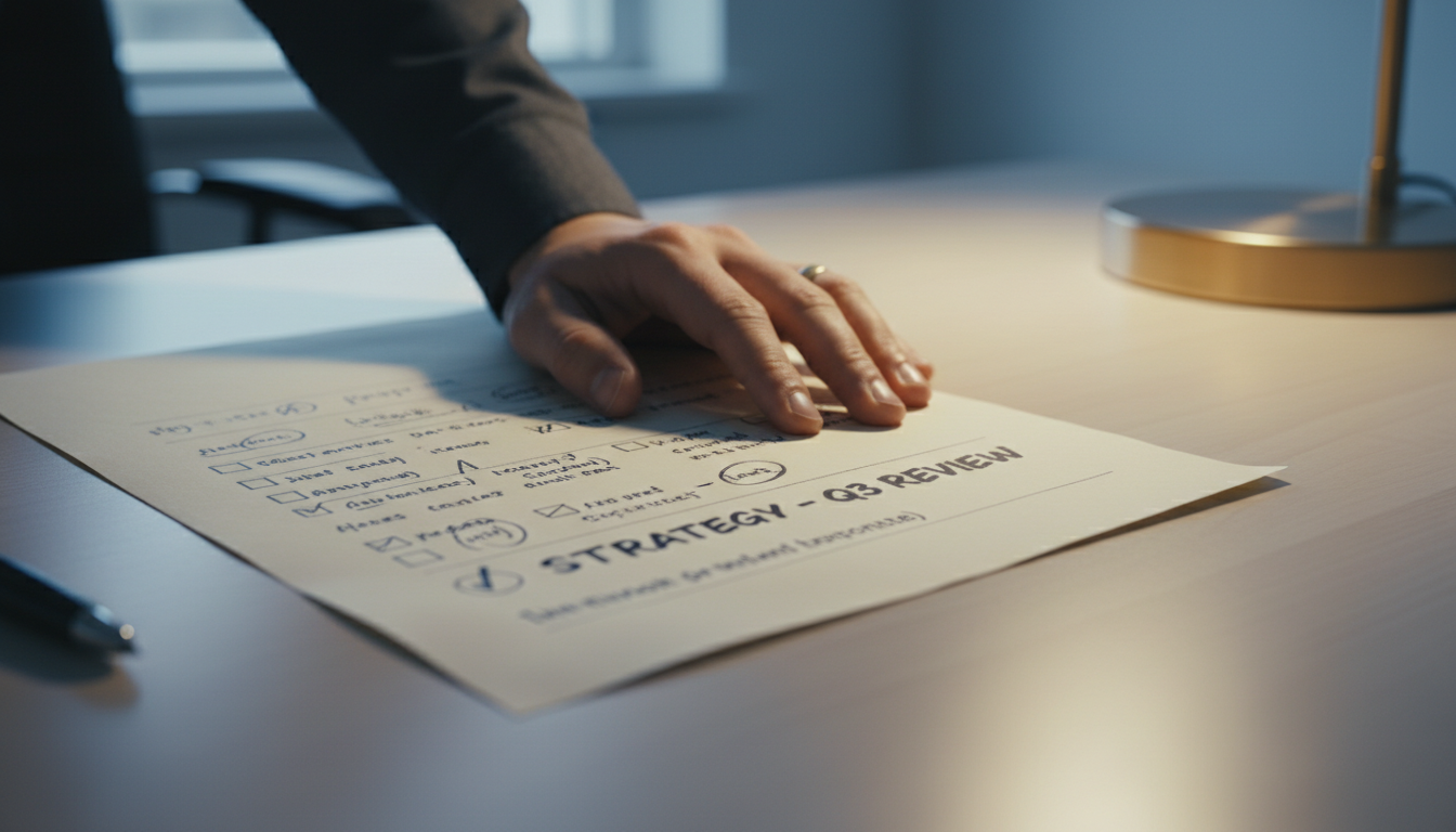 Your 30, 60, 90 day plan should be a living document that evolves as you learn the organization's needs. A close up of a leader's hand resting on a document with handwritten notes and annotations on a wooden desk.