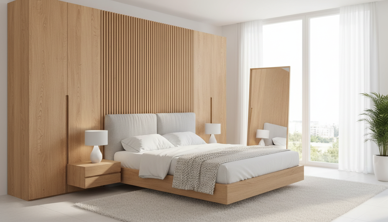 Mid range wooden sets offer a balance of durability and price that appeals to long term Doha residents. A complete wooden bedroom set with a large wardrobe and bed frame in a clean, minimalist room setting.