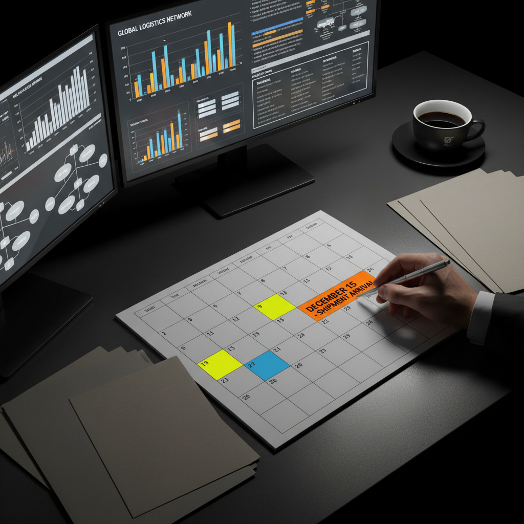 Regular audits and careful scheduling help identify and eliminate unnecessary shipping surcharges. Overhead shot of a logistics planning calendar and documents on a desk, showing organized shipment scheduling.