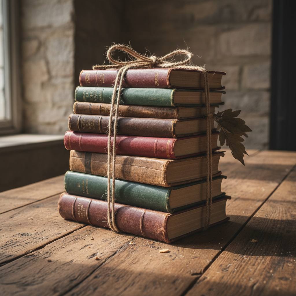 Legitimate digital collections offer the same curated peace of mind as a well-organized physical library. A stack of physical books tied together with twine, representing organized and curated collections.