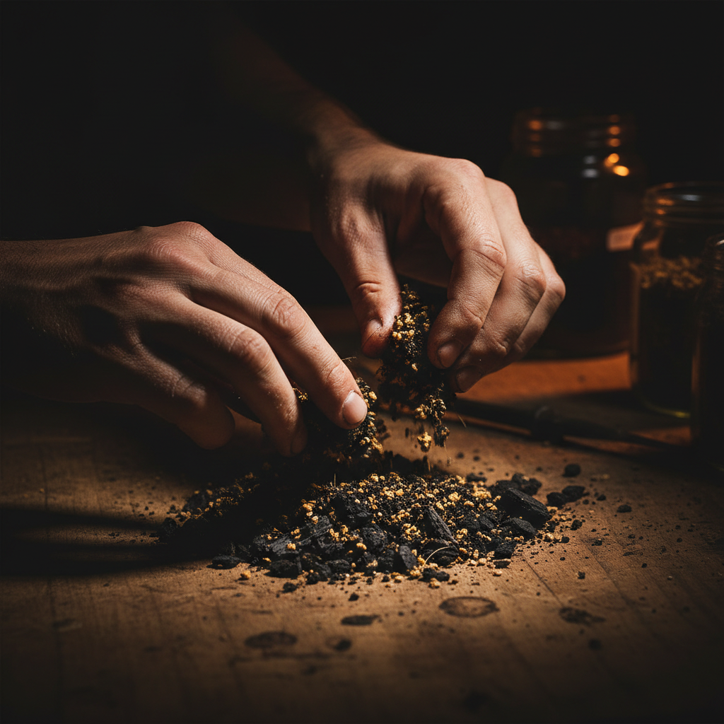 Biochar processing turns volatile biomass into stable, long-term carbon storage for soil health. Close-up of hands preparing a biochar and soil amendment mix on a wooden workbench with selective lighting.