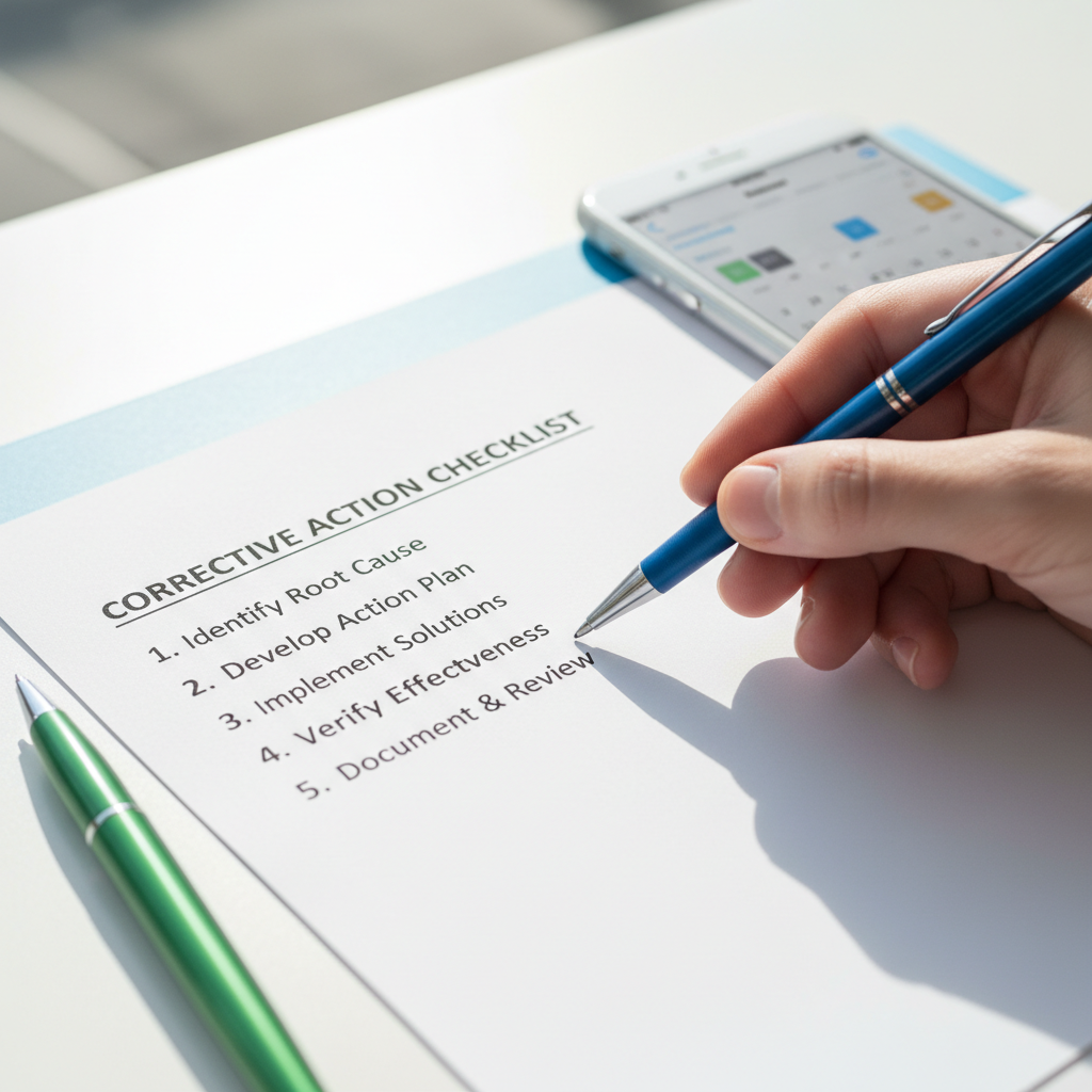 Free NSC resources provide the framework for your monthly safety action items. A close up of a safety consultant pointing to a corrective action checklist next to a smartphone.
