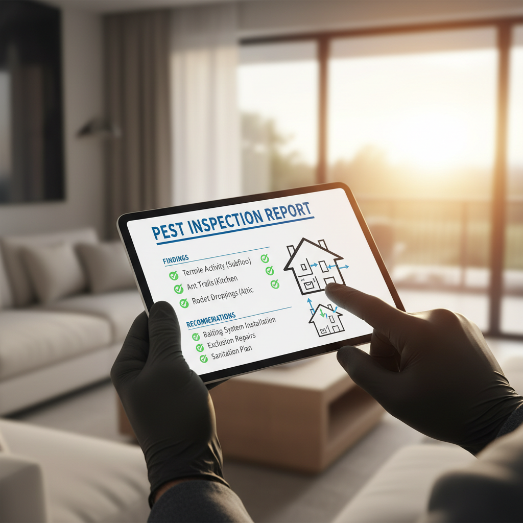 Thorough documentation is the backbone of a successful commercial health inspection. Close-up of a pest control professional's hands holding a detailed inspection report with diagrams and checkmarks.