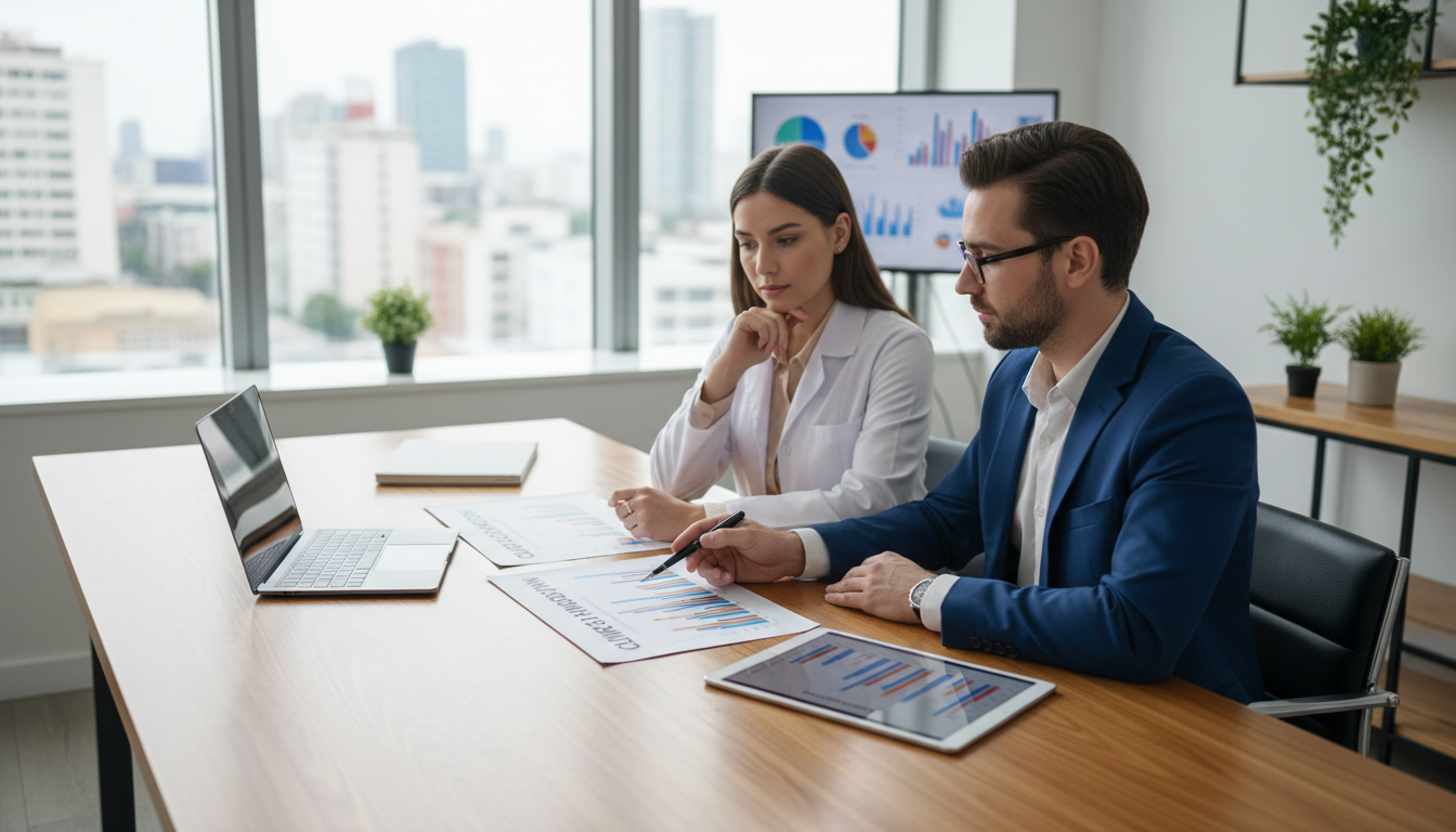 A 30-minute self-audit can reveal whether your wealth is truly growing with your clinic. Professional financial advisor working with clinic owner reviewing financial documents and charts at a modern office desk