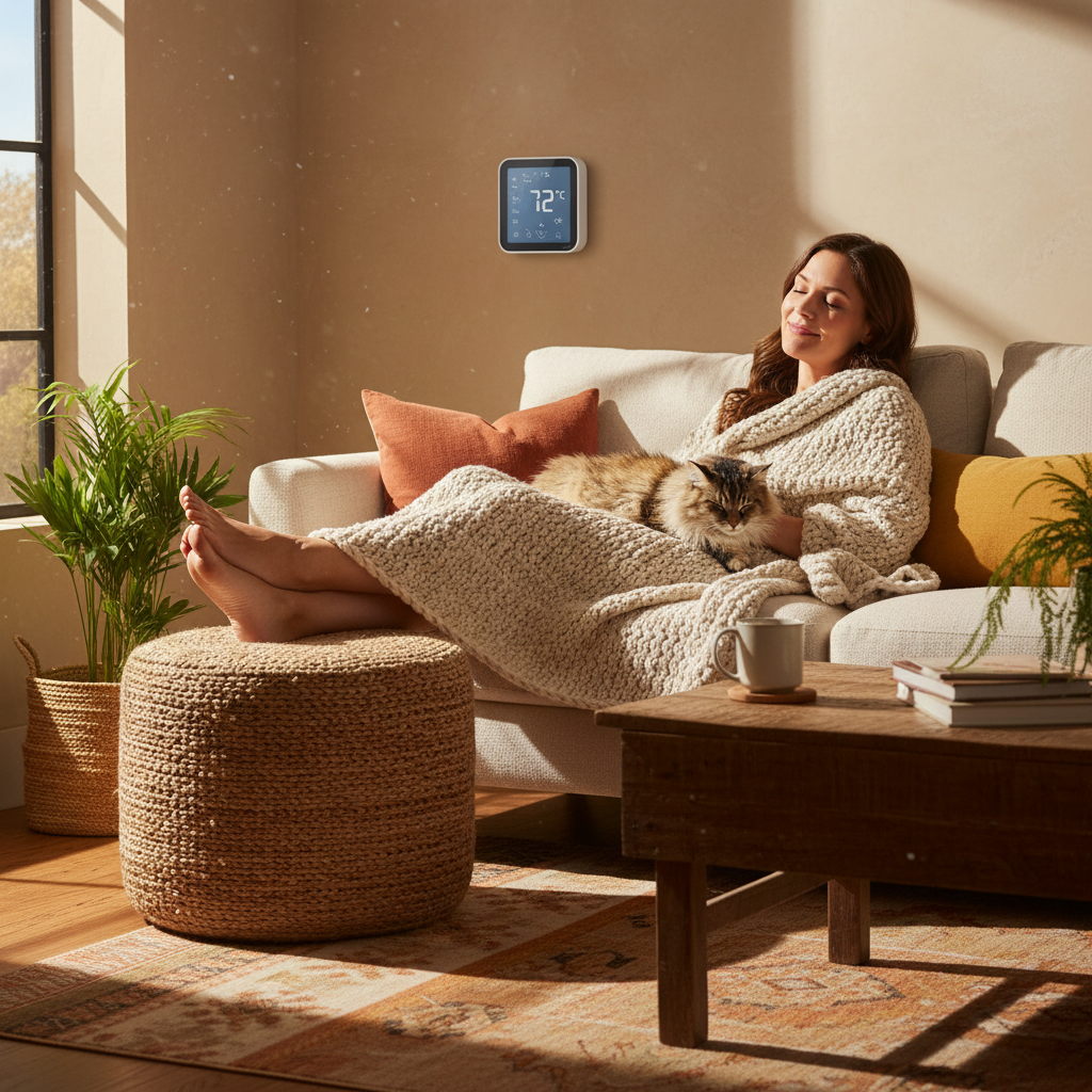 The right system choice ensures consistent comfort regardless of how low the temperature drops outside. A family relaxing comfortably in a well-lit living room, enjoying a perfectly heated indoor environment.