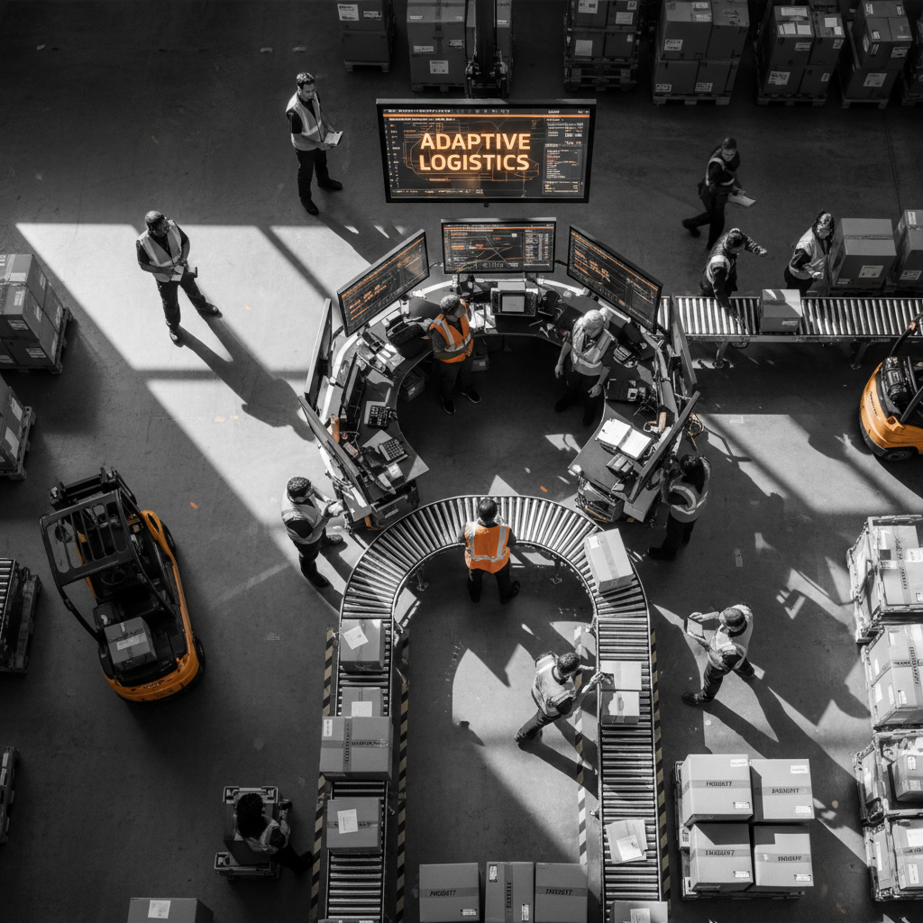 Leveraging a partner's logistics infrastructure allows small businesses to scale without heavy tech investment. Overhead view of a logistics team coordinating packages and manifests at a central distribution hub.