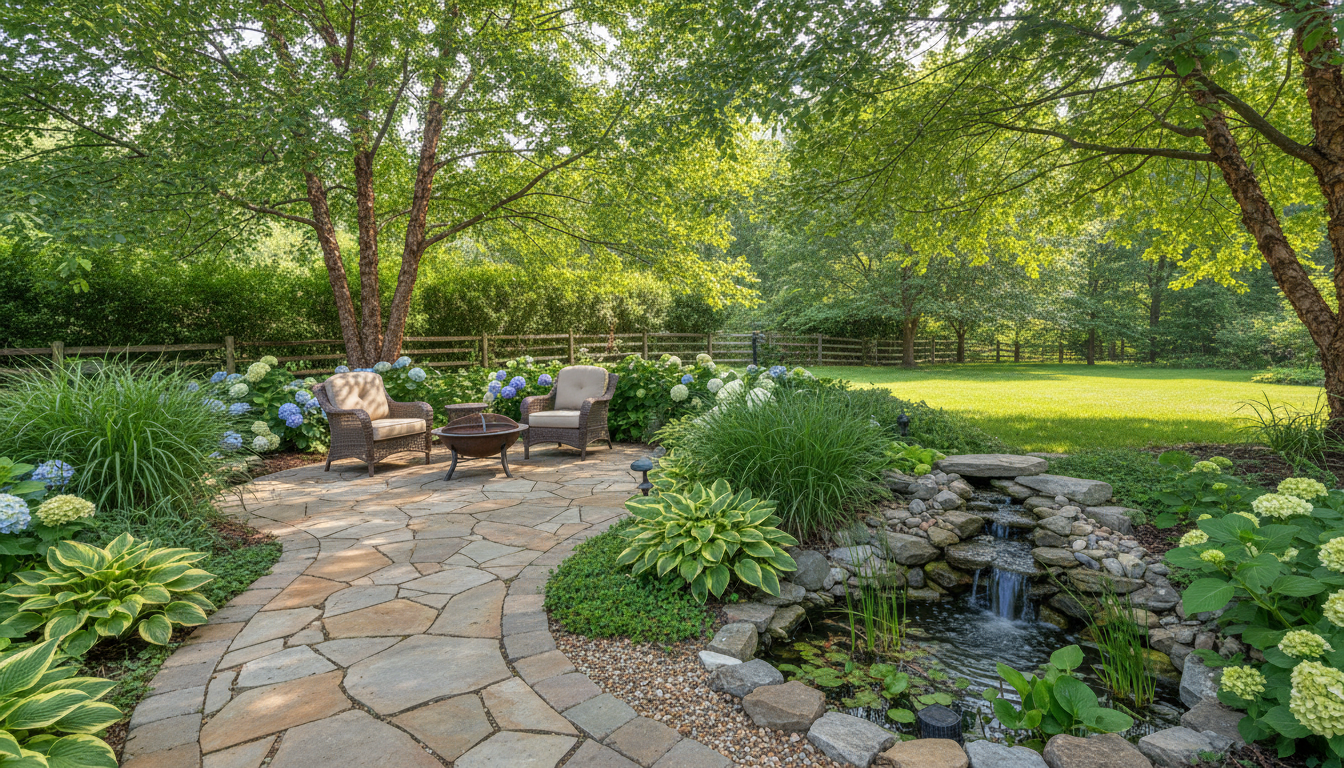 Proper drainage and grading ensure your new sod thrives alongside your hardscape features. A professionally installed paver patio surrounded by lush green lawn and healthy ornamental plants.