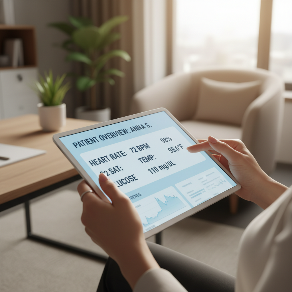 Transparent pricing and HSA compatibility make DPC financially accessible. Healthcare provider reviewing patient health metrics on a tablet in a warm, professional home office setting