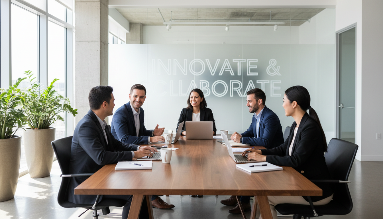 Collaboration remains central even as AI tools change how we process information and manage tasks. A professional team working together in a modern, sunlit office with laptops.