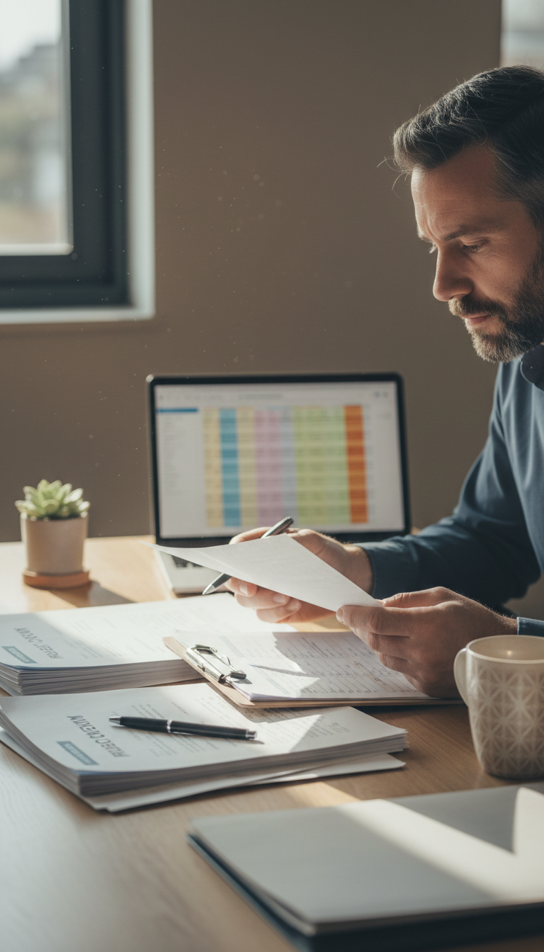 A structured review of shipping data often reveals recurring billing errors that go unnoticed. A consultant at a desk reviewing printed reports and spreadsheets to identify operational bottlenecks.