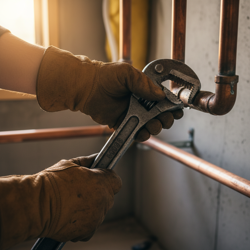 Tight connections and proper discharge routing are essential for preventing winter pump failure. Close up of a plumber using a pipe wrench on metallic connections in a residential basement setting.