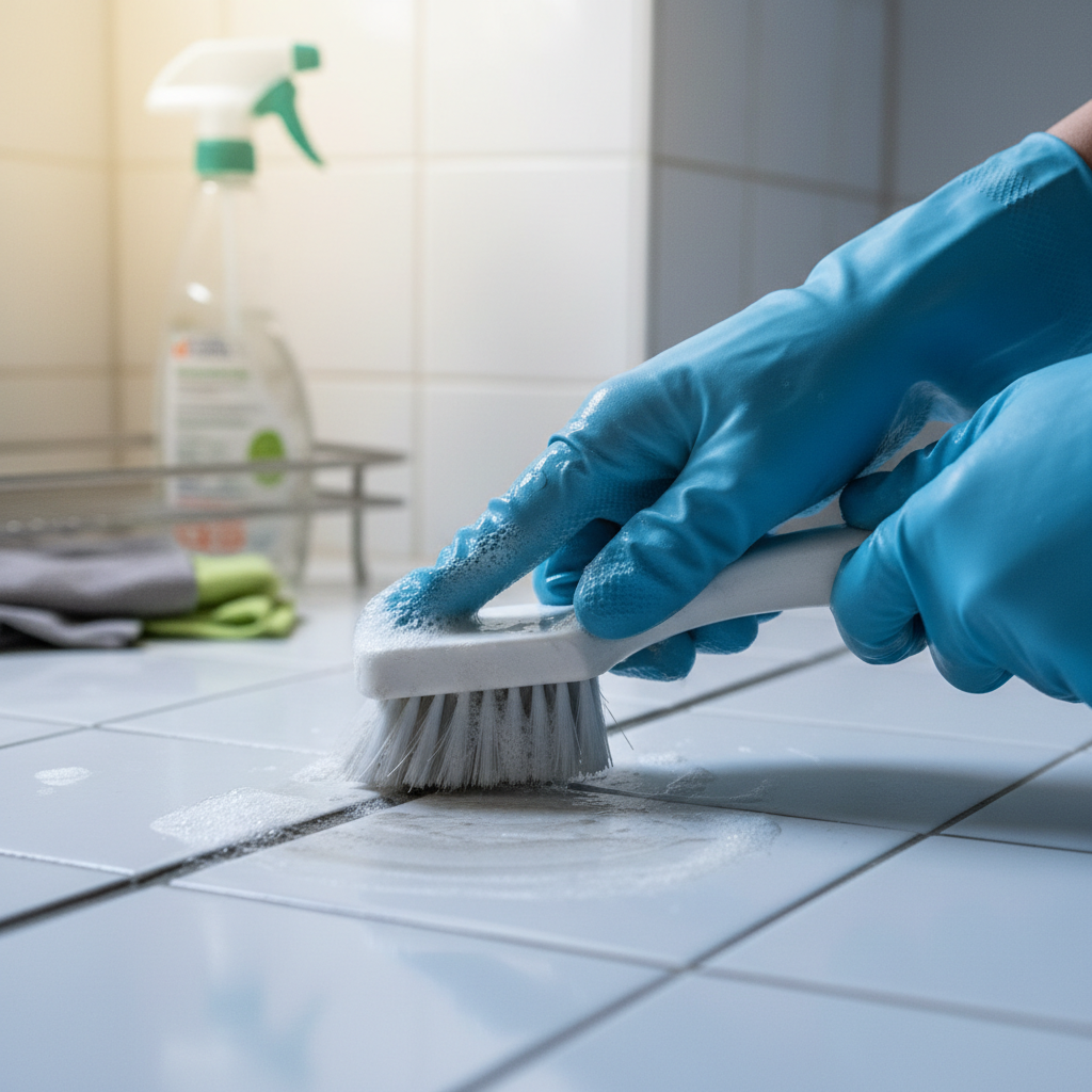 Scrubbing grout every few months prevents the permanent staining common with Utah's hard water. A close up view of gloved hands scrubbing white tile grout with a professional cleaning brush.