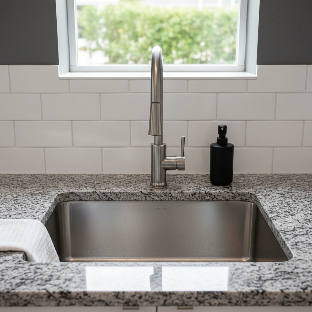 Upgrading plumbing fixtures is often the first step in addressing a weary kitchen. Modern kitchen sink with a stainless steel faucet and granite countertop showing professional installation.
