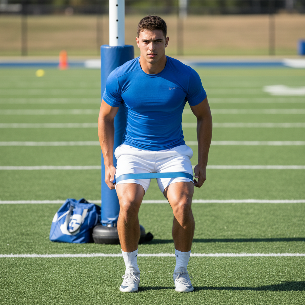 Eccentric resistance training builds the hamstring and quad strength that protects the knee during match play. Football player performing resisted eccentric strengthening exercises with a resistance band on a training field