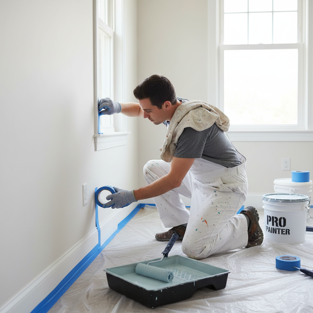 Quality workmanship begins with meticulous preparation to ensure clean lines and a flawless neutral finish. A professional painter carefully applying painter's tape to protect trim before a new paint application.