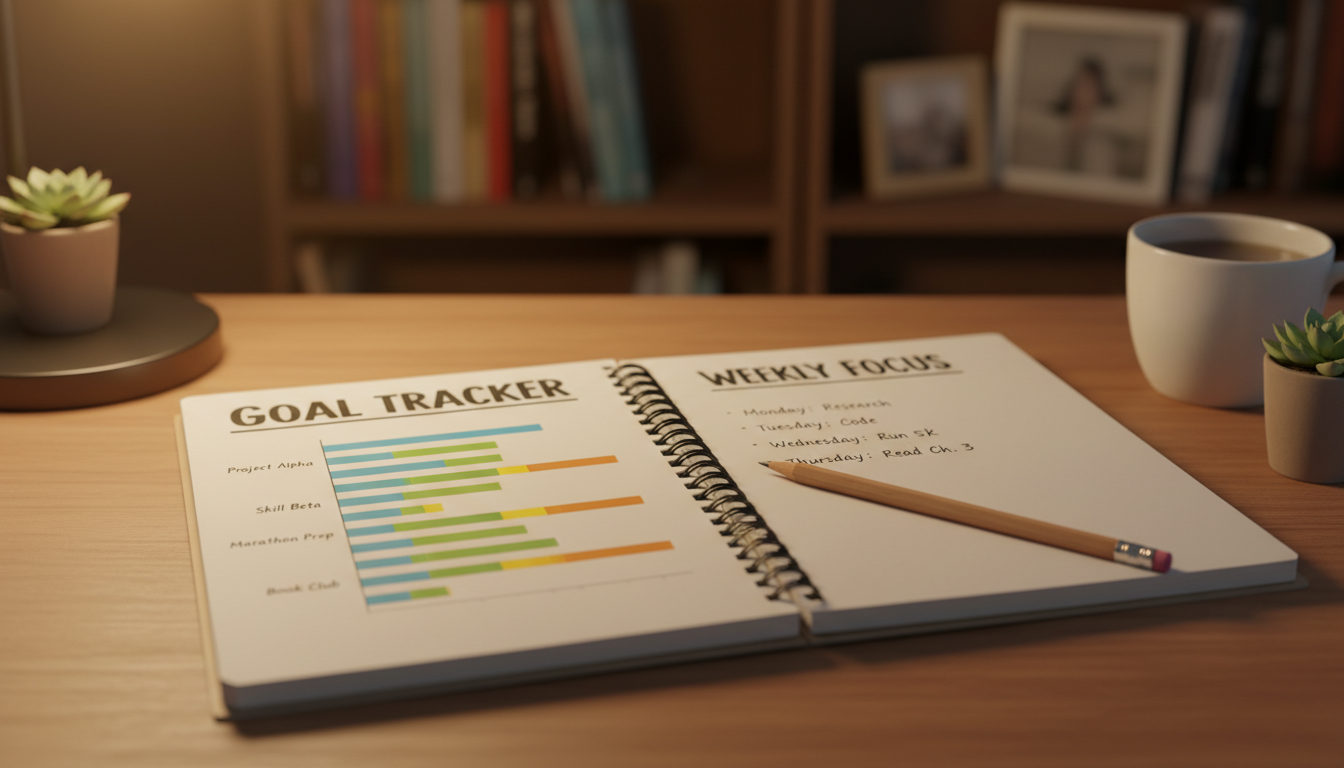Visualizing your milestones in a dedicated goal tracker turns abstract dreams into concrete plans. An open goal tracker notebook showing a progress chart and a pencil on a cozy workspace.