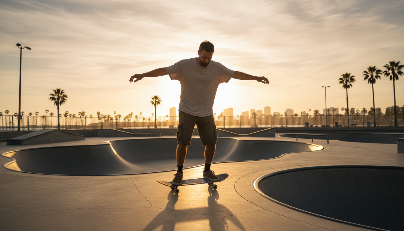 Mastering the basics of balance is the first step in your 30-day progression roadmap. An adult skateboarder learning foundational balance techniques at an outdoor skatepark during golden hour