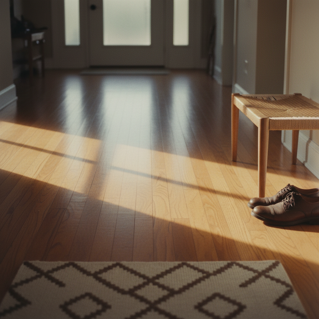 The size and type of flooring in your home can influence the time and cost of a deep clean. Clean hardwood entryway floor with natural morning light and long shadows in a tidy home.