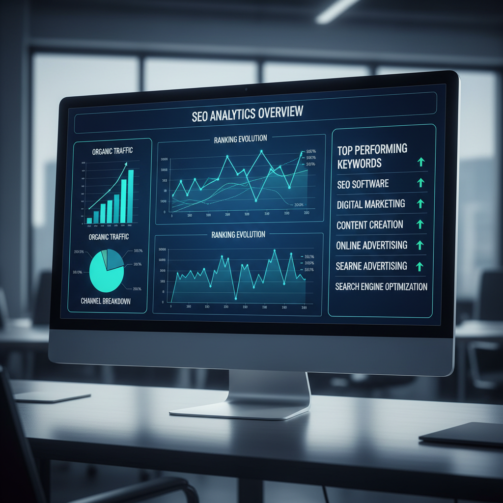 Search habits are shifting toward AI driven discovery platforms. A digital dashboard showing SEO analytics and search engine visibility trends for 2026.