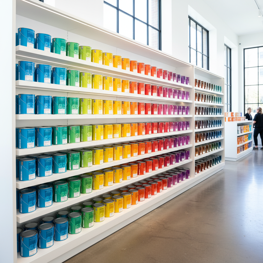Selecting the right paint starts with understanding the chemical formulation behind the label. Rows of paint cans in various colors on white shelves in a professional supply store.