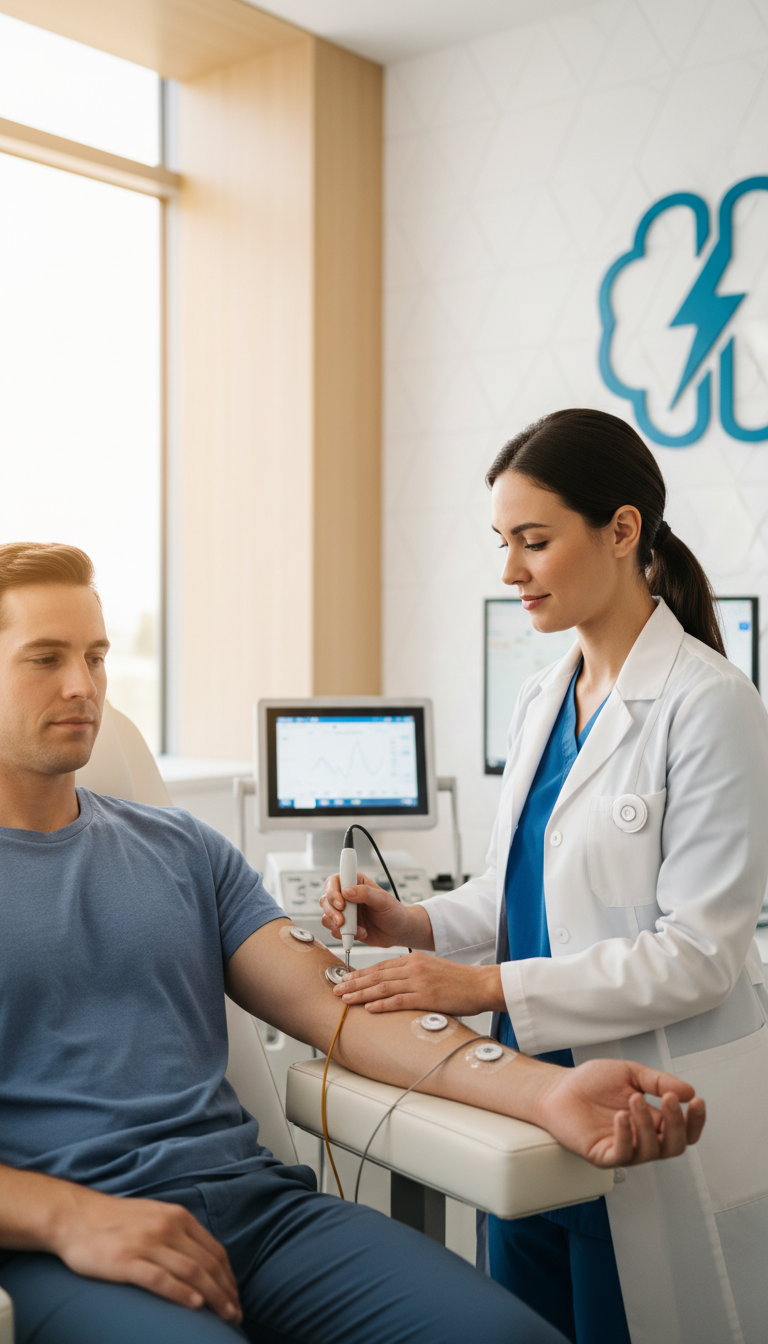 La neurographie permet de mesurer la vitesse de conduction des nerfs et d'identifier les blocages radiculaires. Test de conduction nerveuse pratiqué sur le bras d'un patient pour évaluer la racine nerveuse C8 et le nerf ulnaire.