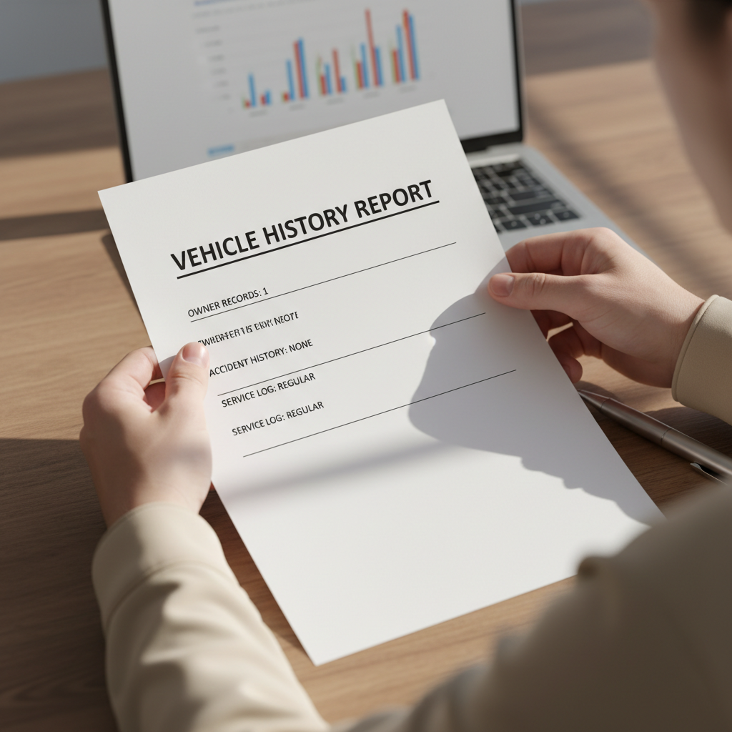 Successful negotiations start with thorough research and documented vehicle history. A person's hands holding a printed vehicle report and document while seated at a wooden desk with natural daylight.