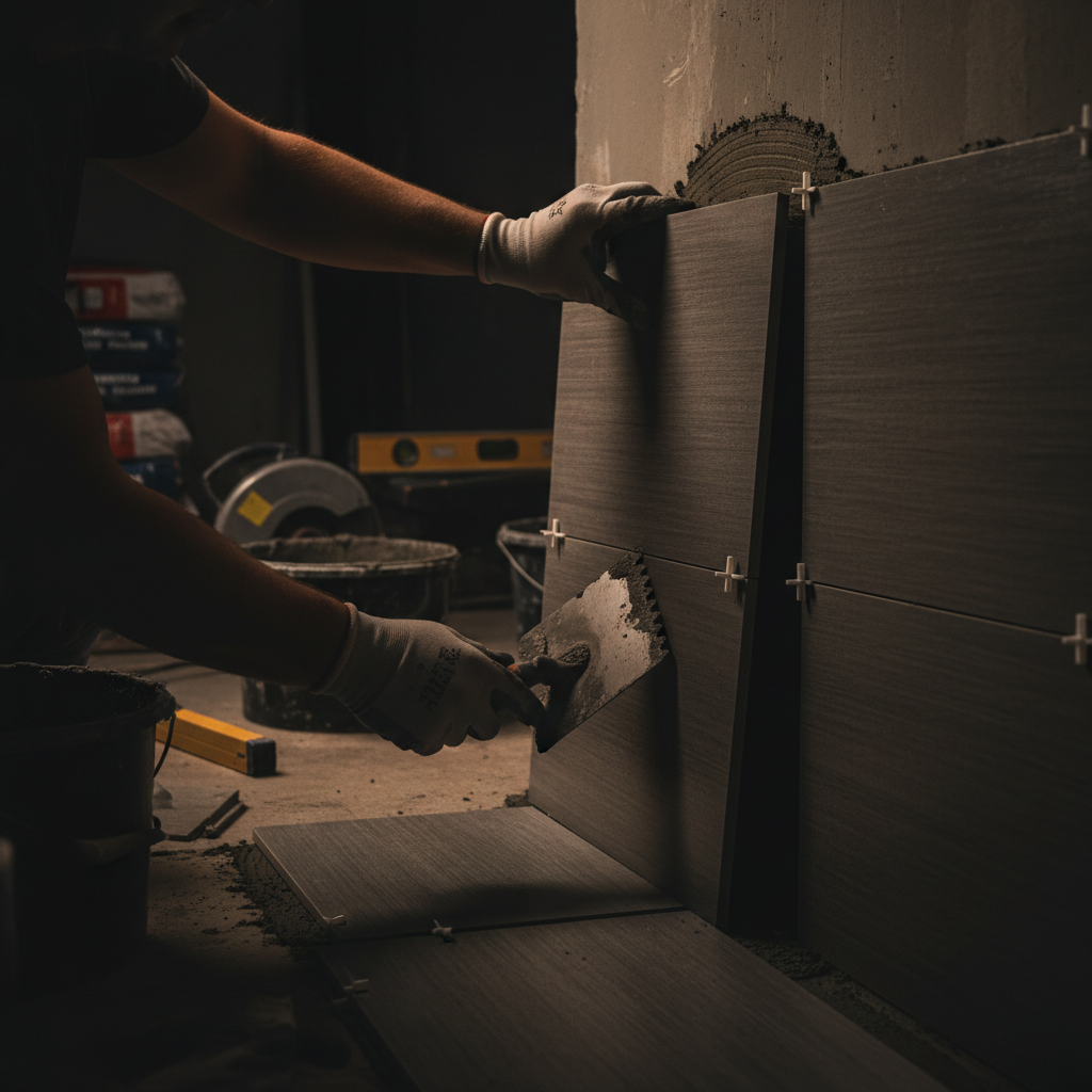 Precision tile installation creates a permanent, water-impervious barrier for basements and high-moisture rooms. An installer carefully positioning ceramic tiles with spacers to ensure even grout lines during a flooring project.