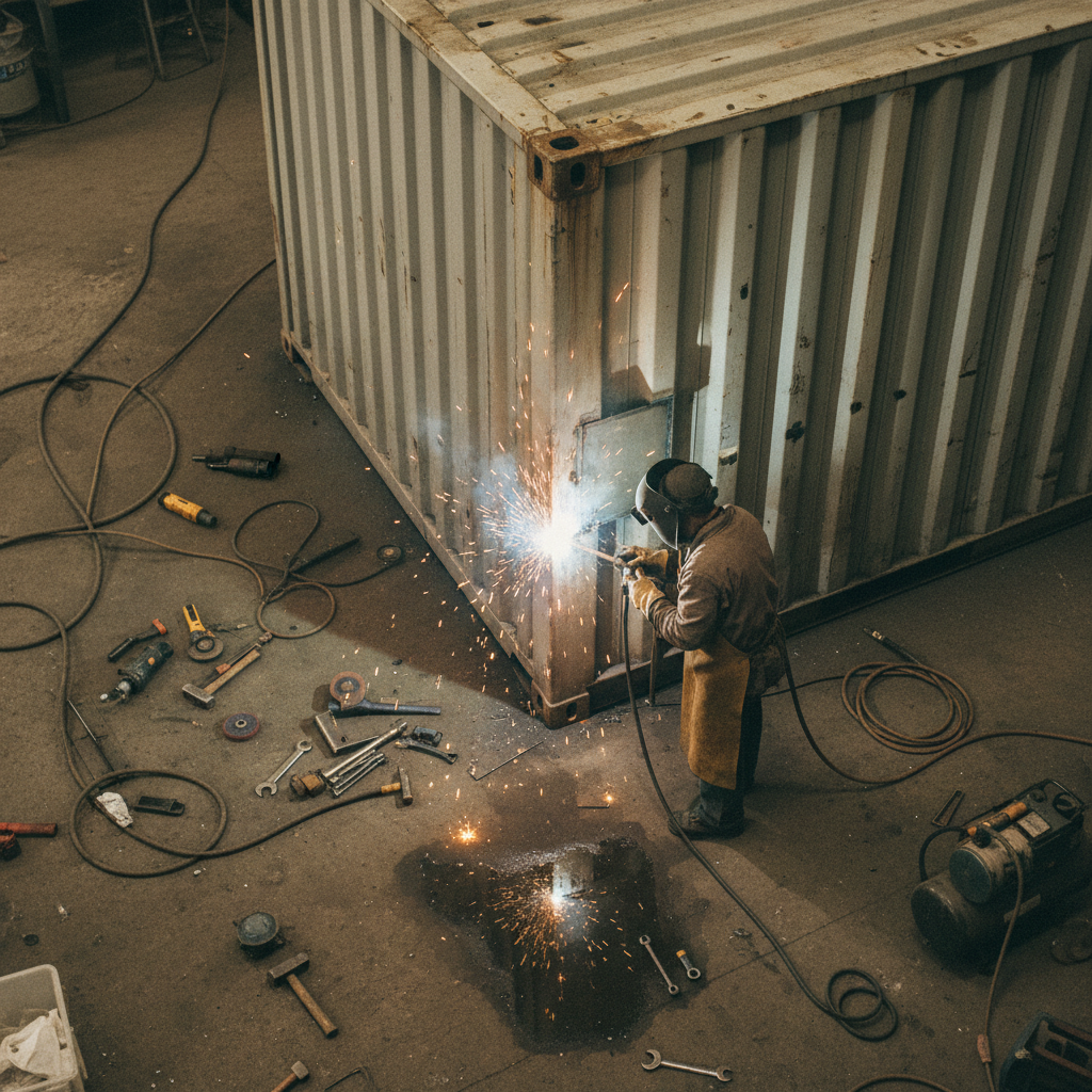 Inspecting seals is a critical step to ensure your container remains wind and water tight. A professional technician inspecting the rubber door seals of a steel shipping container at a depot.