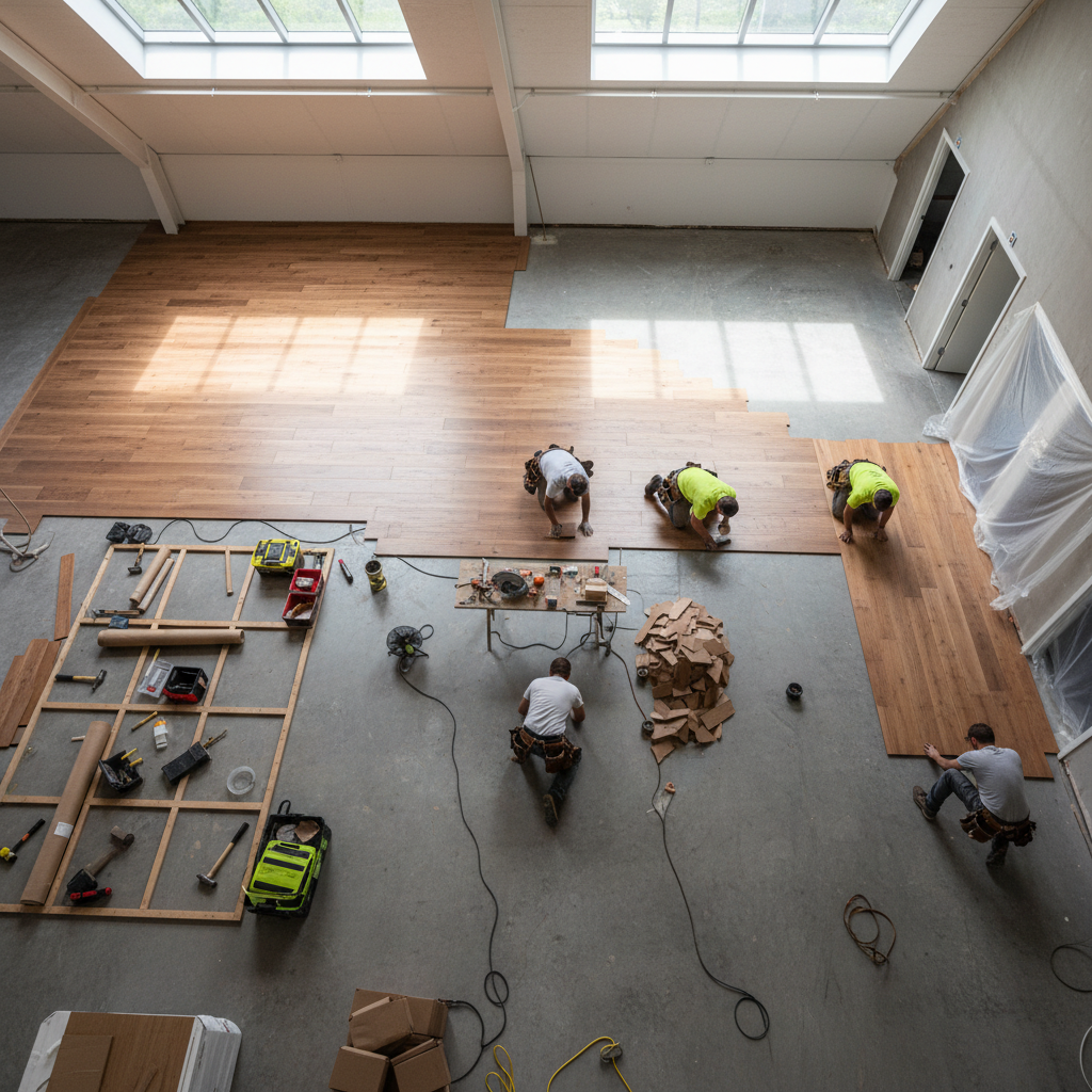 Professional labor ensures a clean installation that avoids the common pitfalls of DIY projects. A professional installation team working in a residential space to lay new flooring planks efficiently.