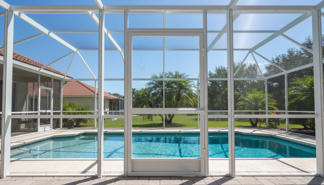 Ensure all enclosure doors are properly latched and hinges are rust free. Close up of a newly replaced aluminum screen door on a pool enclosure.