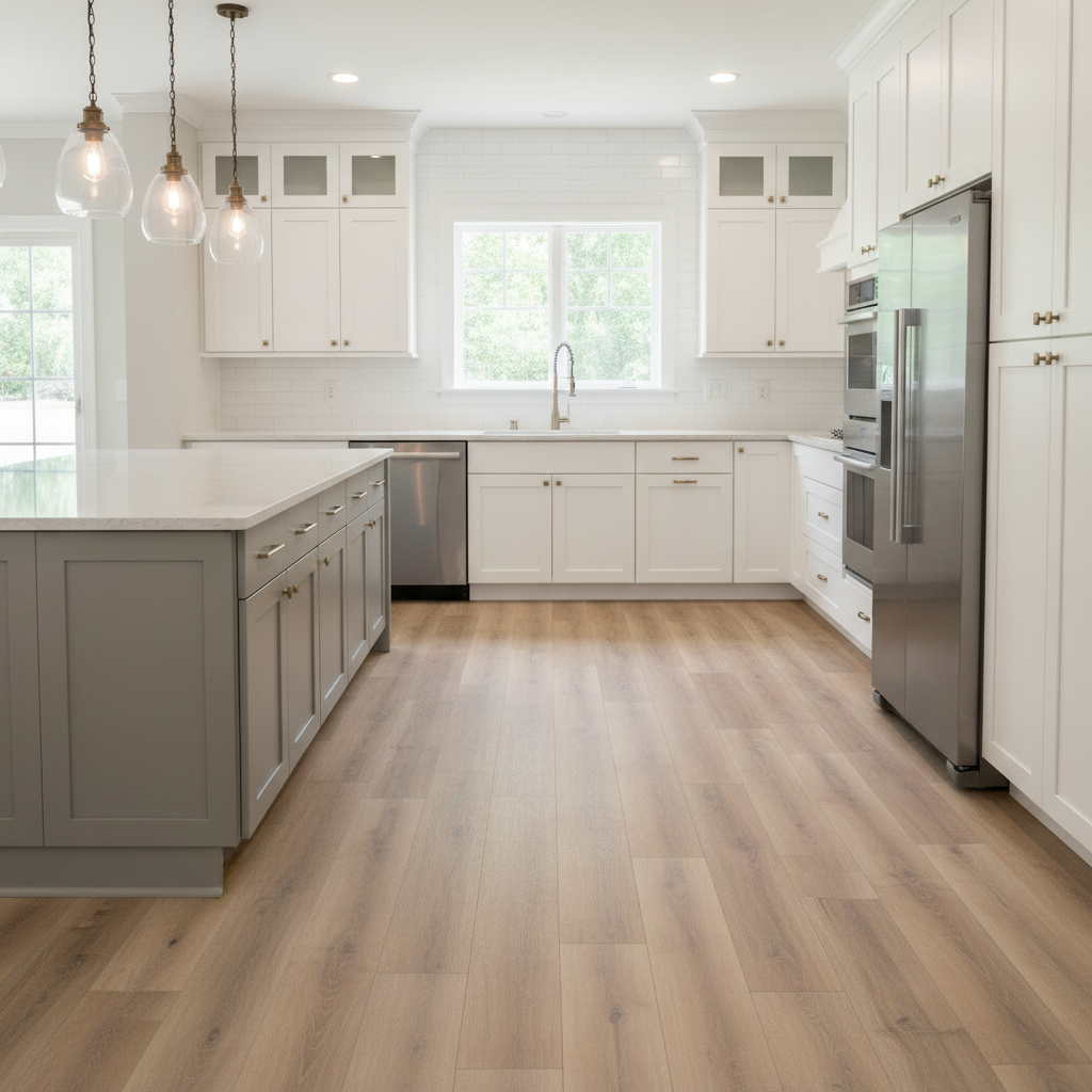 Custom cabinetry allows for tailored storage solutions, including deep drawers and pull-outs. Modern white kitchen cabinetry with a central island highlighting storage potential and clean design.