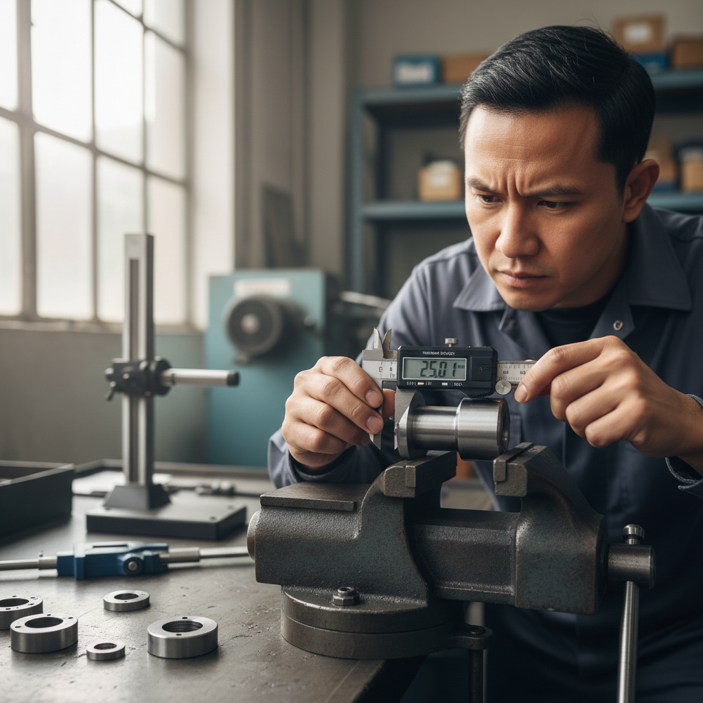 In-process quality control measures ensure every part meets strict tolerance specifications. Close-up of a quality control technician using precision calipers to measure a manufactured metal part.