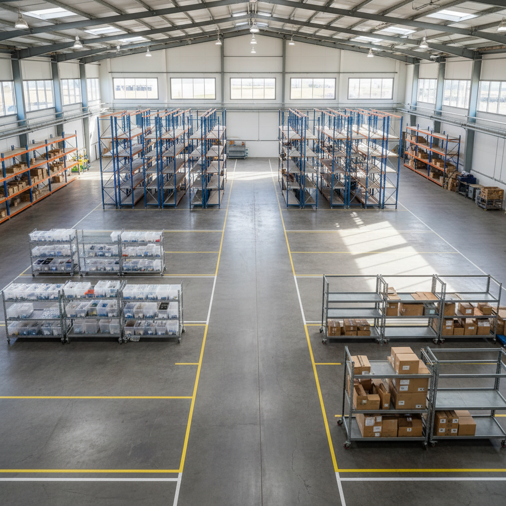 A flexible layout allows storage configurations to adapt to changing manufacturing demands. High angle overhead view of a flexible warehouse floor layout showing different storage configurations.