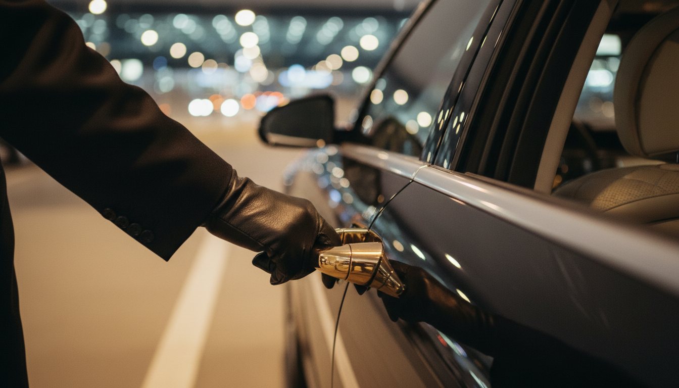 Attention to detail defines the premium chauffeur experience in our Cadillac fleet. A close up of a chauffeur's gloved hand holding the handle of a black luxury car door at the airport.