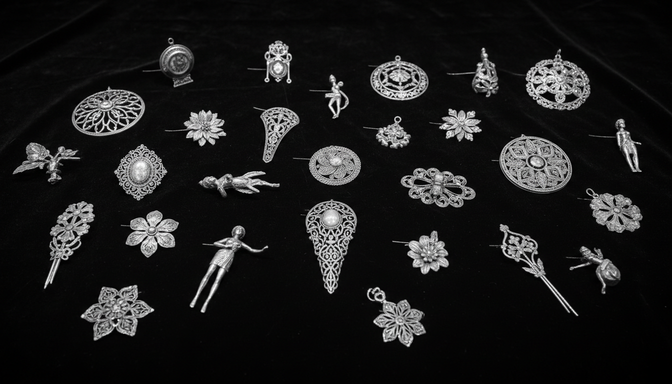 Building a treasury is an art: focusing on quality silver assets for long term security. Close-up of fine silver ornamental pieces displayed on dark velvet under museum lighting.