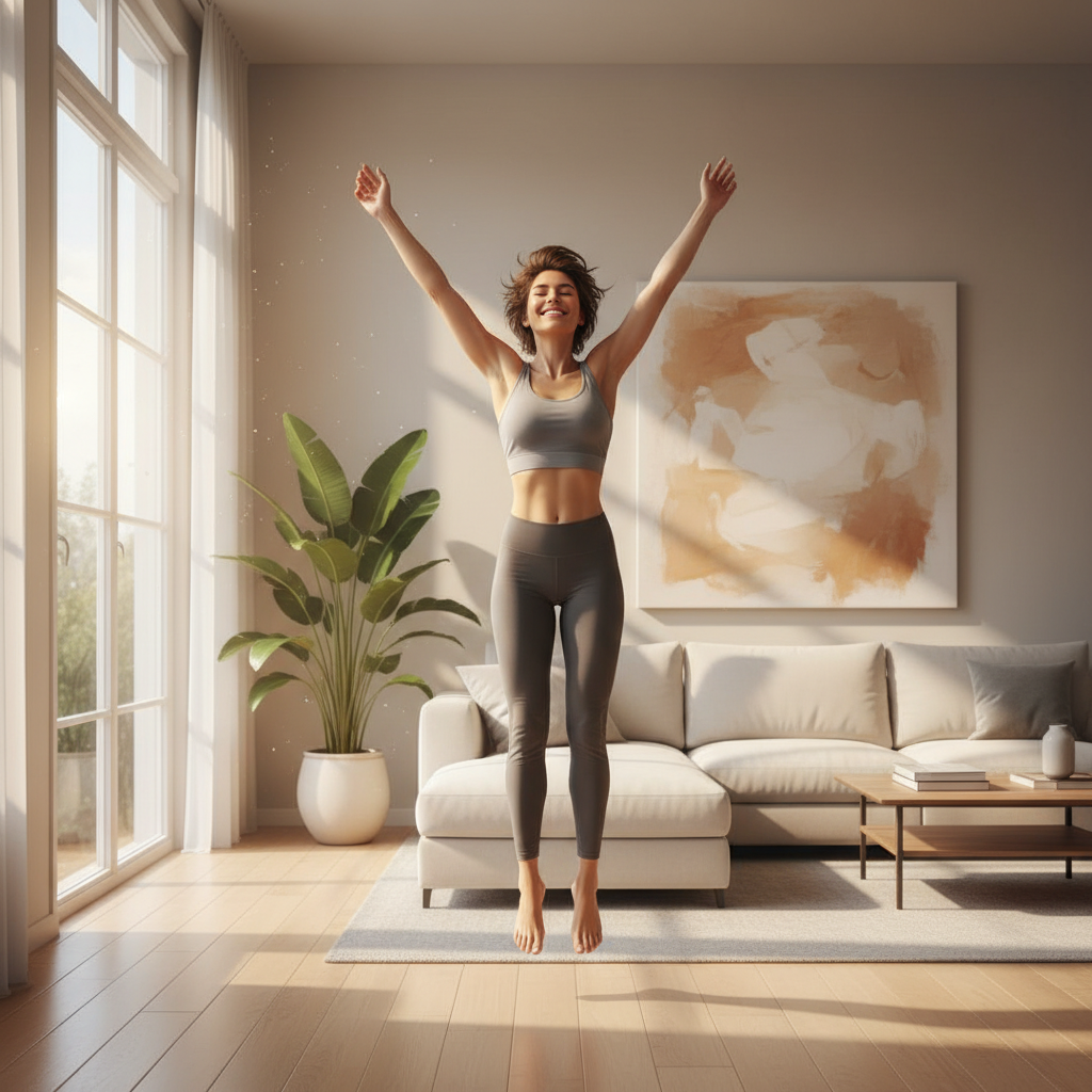 Reducing digestive bloat can significantly improve your daily energy levels and mobility. A person stretching in a sunlit living room looking energetic and comfortable.