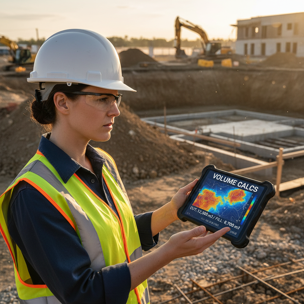 Real-time field verification using BIM-compatible drone datasets ensures project accuracy. Engineer at a Saudi construction site reviewing a terrain model and volume calculations on a tablet.