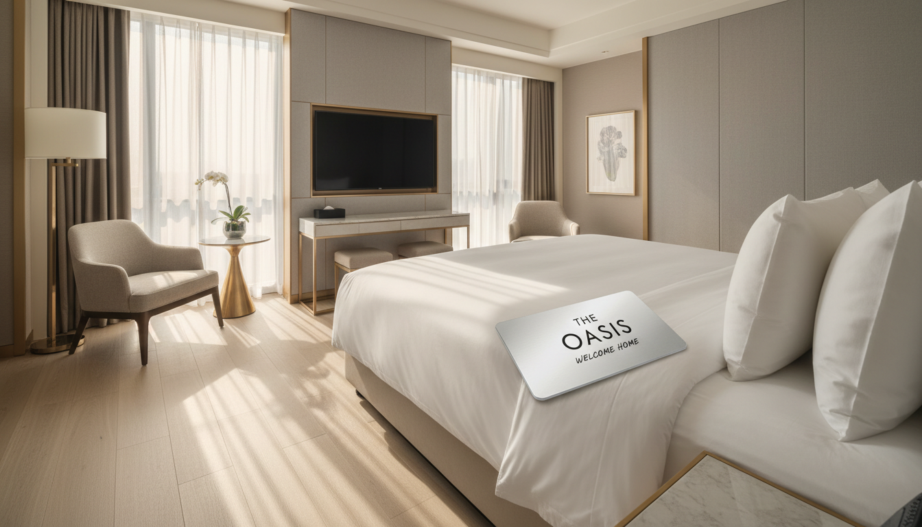 September offers significant discounts on high quality accommodation across Southeast Asia. A hotel room key resting on a white bed in a comfortable, bright budget hotel room.